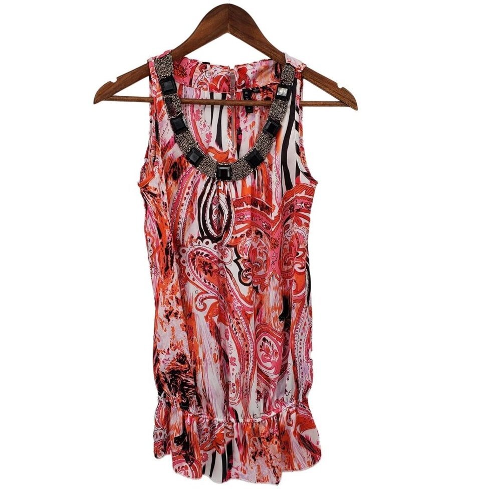 SIONI Womens Paisley Print Sleeveless Tank Top Blouse Sz S Multicolor Beaded
